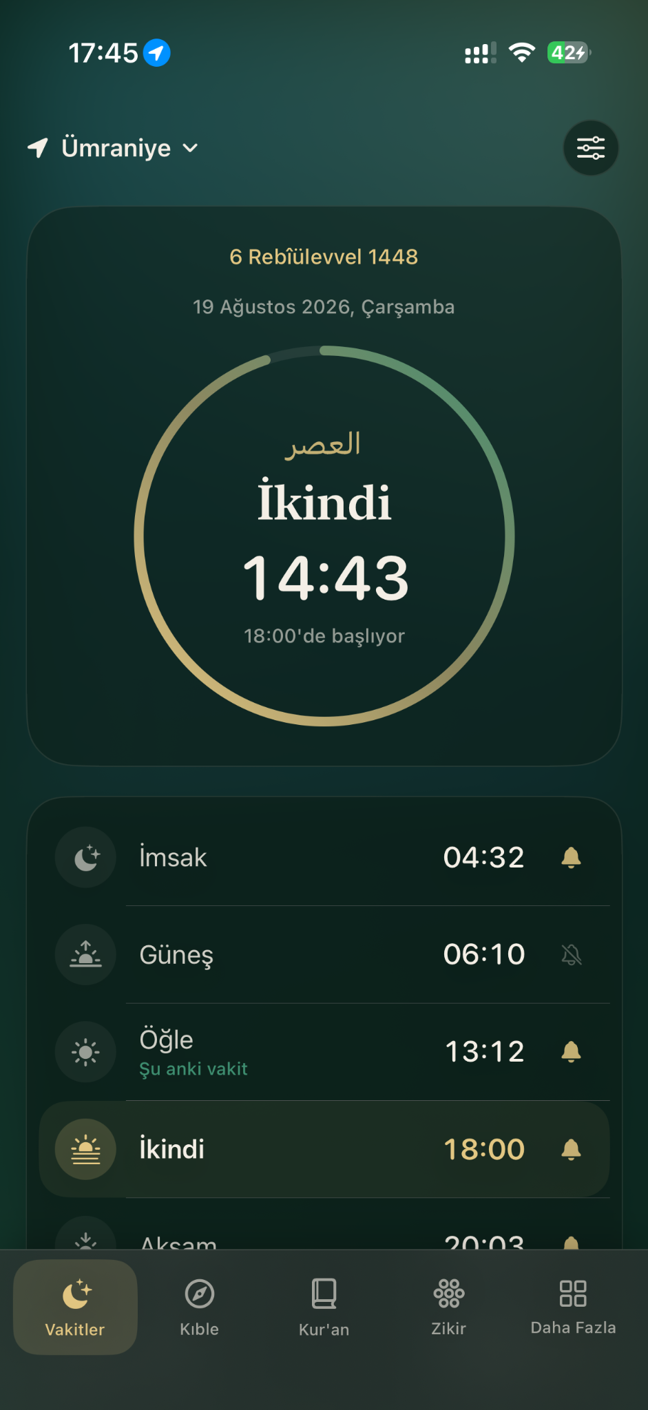 Rahmet Vakti namaz vakitleri ekranı